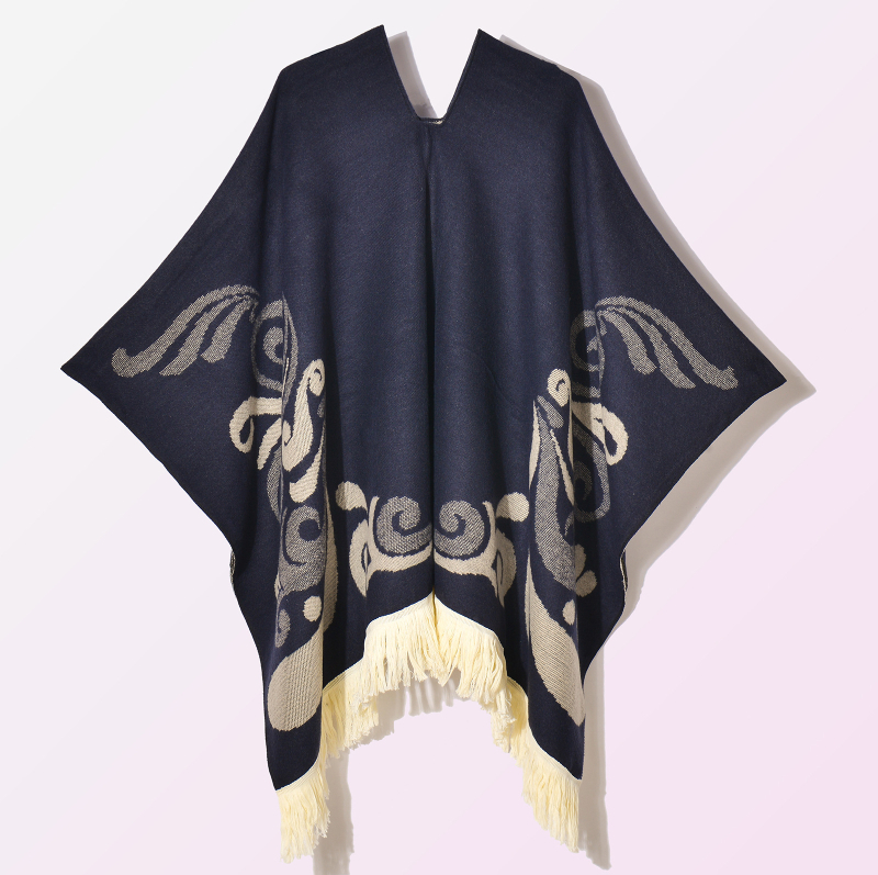 Ženski vintage šal-kapulja s resicama, jacquard tkanina, geometrijski uzorak, širina 130 cm, umjetni kašmir