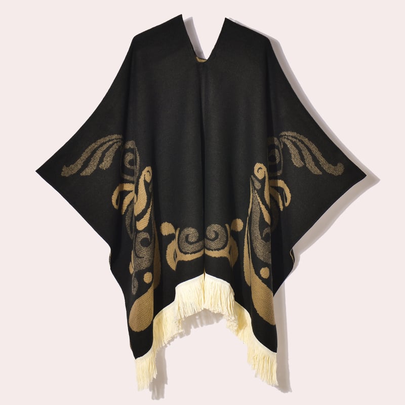 Ženski vintage šal-kapulja s resicama, jacquard tkanina, geometrijski uzorak, širina 130 cm, umjetni kašmir