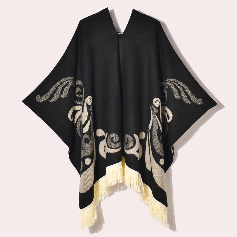 Ženski vintage šal-kapulja s resicama, jacquard tkanina, geometrijski uzorak, širina 130 cm, umjetni kašmir