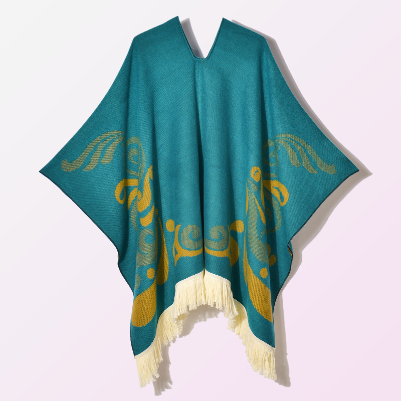 Ženski vintage šal-kapulja s resicama, jacquard tkanina, geometrijski uzorak, širina 130 cm, umjetni kašmir