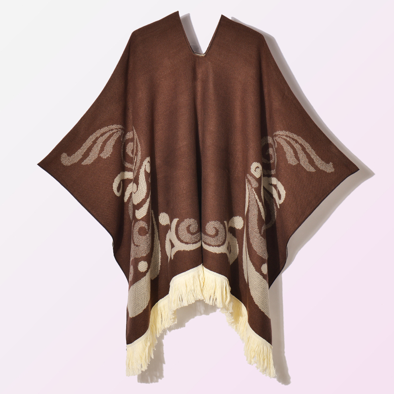 Ženski vintage šal-kapulja s resicama, jacquard tkanina, geometrijski uzorak, širina 130 cm, umjetni kašmir