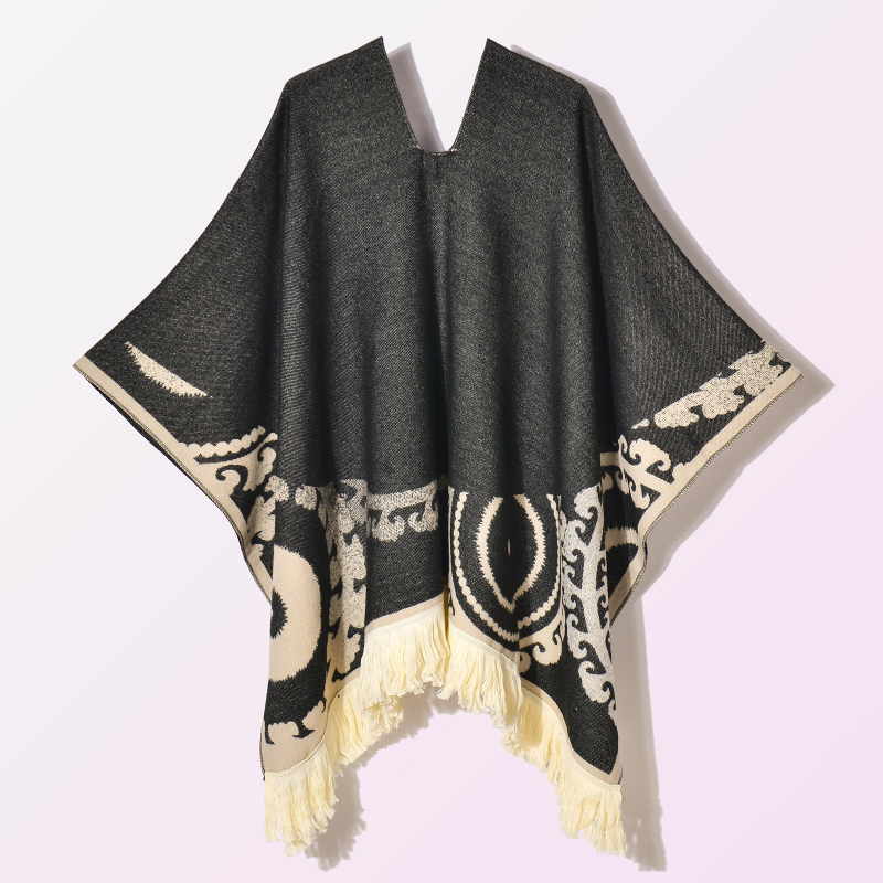 Ženski vintage šal-kapulja s resicama, jacquard tkanina, geometrijski uzorak, širina 130 cm, umjetni kašmir