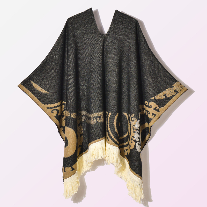 Ženski vintage šal-kapulja s resicama, jacquard tkanina, geometrijski uzorak, širina 130 cm, umjetni kašmir