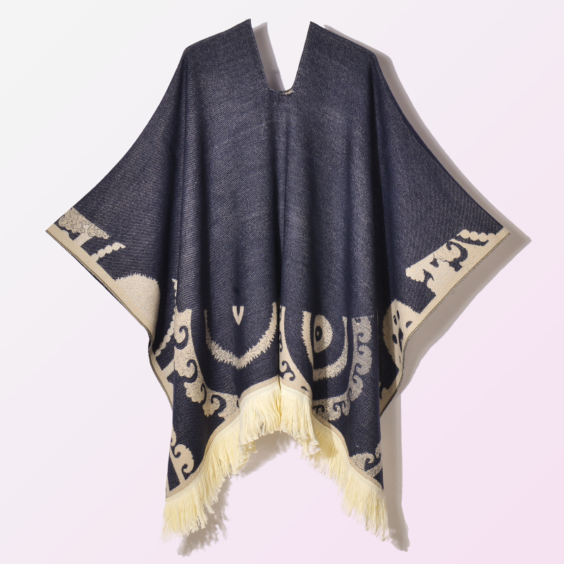Ženski vintage šal-kapulja s resicama, jacquard tkanina, geometrijski uzorak, širina 130 cm, umjetni kašmir