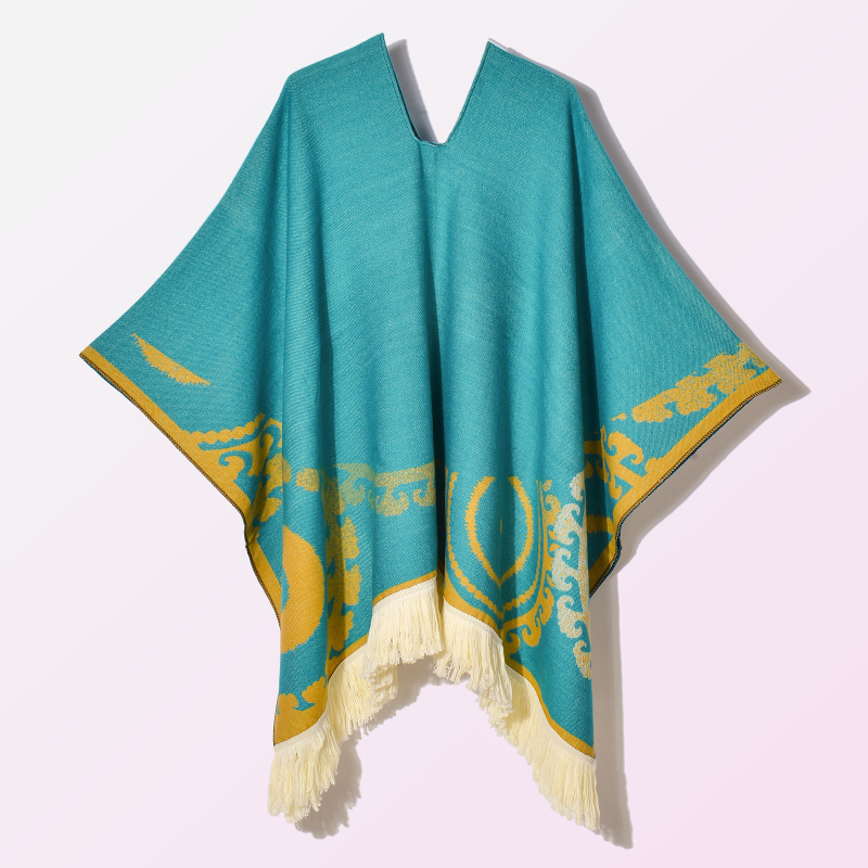 Ženski vintage šal-kapulja s resicama, jacquard tkanina, geometrijski uzorak, širina 130 cm, umjetni kašmir