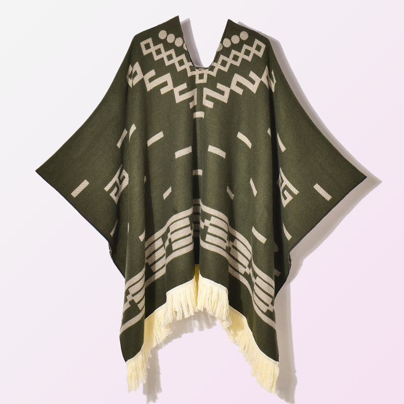 Ženski vintage šal-kapulja s resicama, jacquard tkanina, geometrijski uzorak, širina 130 cm, umjetni kašmir