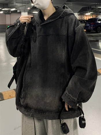 Ζακέτα με κουκούλα από τζίν, χαλαρή γραμμή, βασικό ύφασμα πολυεστέρας ~85%, στυλ ιαπωνικό και φρέσκο, για άνδρες, φθινόπωρο 2025