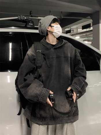 Ζακέτα με κουκούλα από τζίν, χαλαρή γραμμή, βασικό ύφασμα πολυεστέρας ~85%, στυλ ιαπωνικό και φρέσκο, για άνδρες, φθινόπωρο 2025