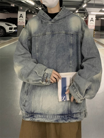 Ζακέτα με κουκούλα από τζίν, χαλαρή γραμμή, βασικό ύφασμα πολυεστέρας ~85%, στυλ ιαπωνικό και φρέσκο, για άνδρες, φθινόπωρο 2025