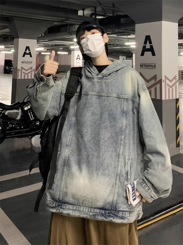Ζακέτα με κουκούλα από τζίν, χαλαρή γραμμή, βασικό ύφασμα πολυεστέρας ~85%, στυλ ιαπωνικό και φρέσκο, για άνδρες, φθινόπωρο 2025