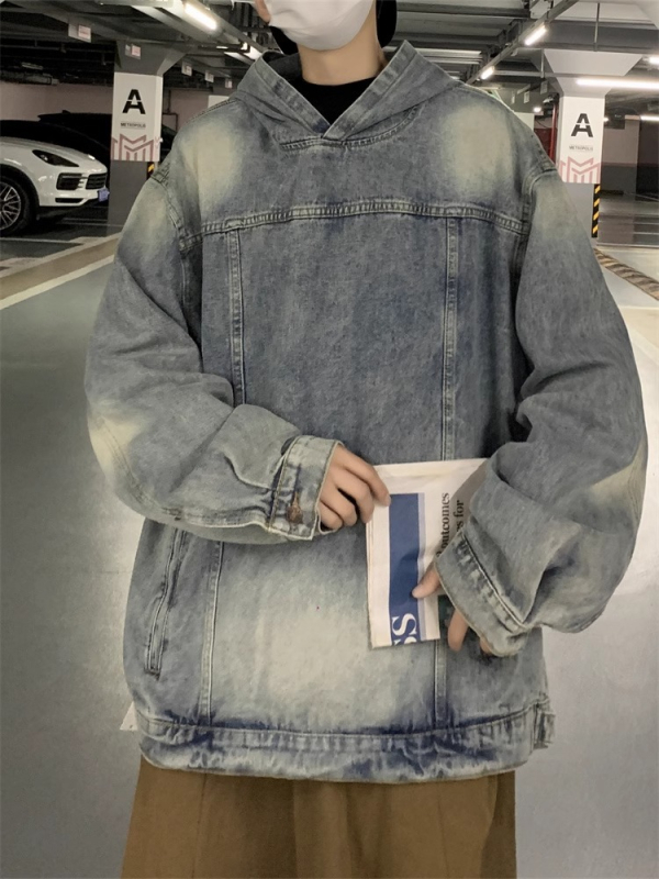 Ζακέτα με κουκούλα από τζίν, χαλαρή γραμμή, βασικό ύφασμα πολυεστέρας ~85%, στυλ ιαπωνικό και φρέσκο, για άνδρες, φθινόπωρο 2025