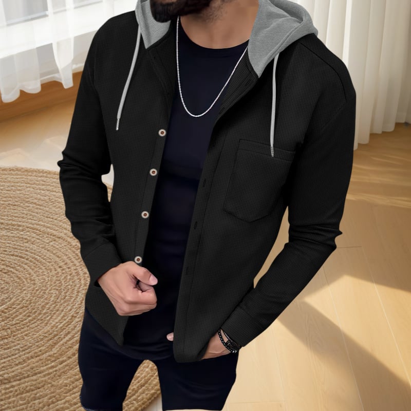 Muška jakna s kapuljacom, jednostruko kopčanje, minimalistički stil, tkanina od pamuka s poliesterom, podstava poliester, 3D džepovi s patch