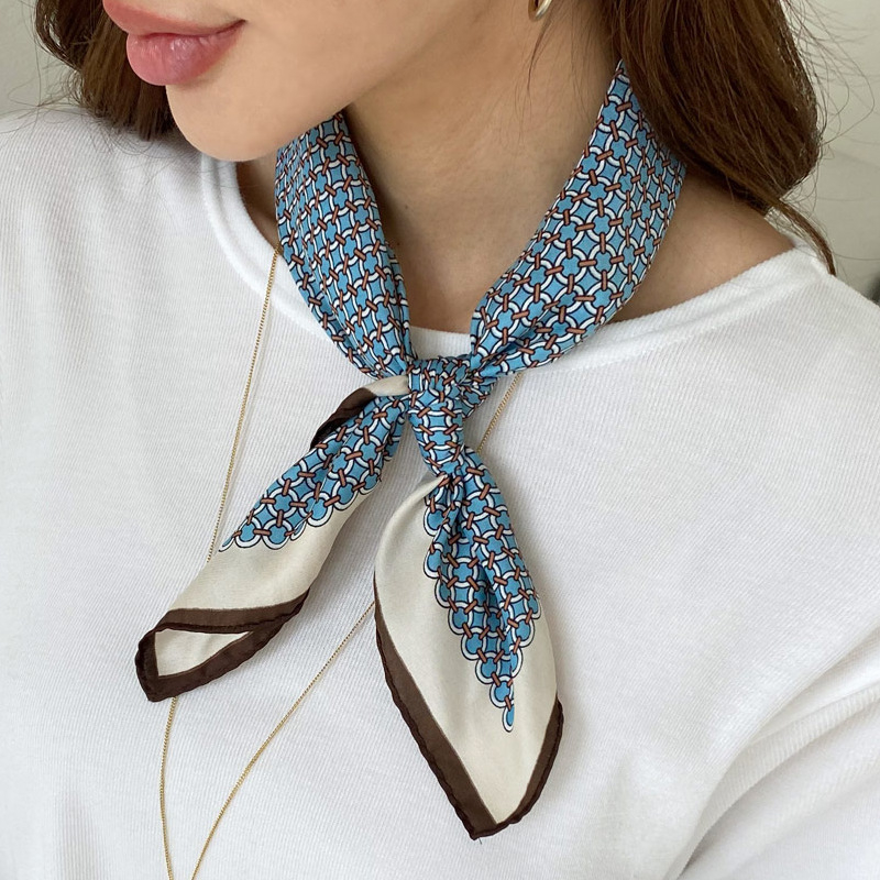 Șal pătrat din mătase sintetică, stil coreean, imprimeu geometric, țesătură simplă, accesoriu decorativ