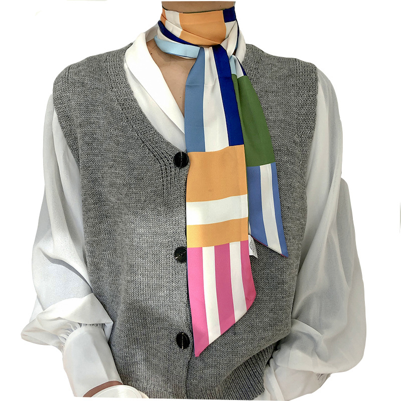 Șal pătrat din mătase sintetică, stil coreean, imprimeu geometric, țesătură simplă, accesoriu decorativ
