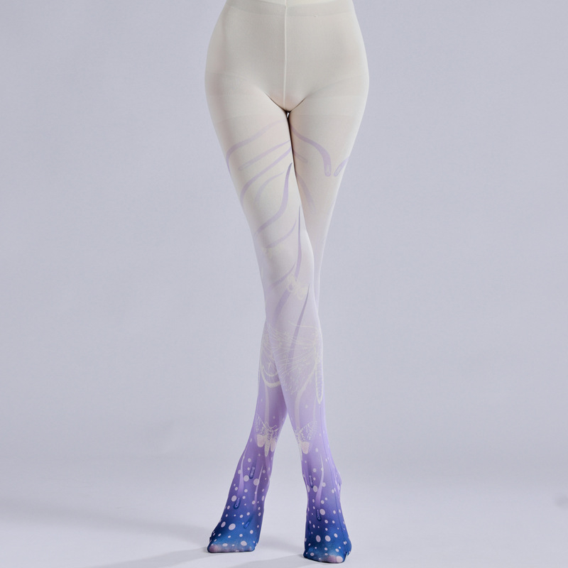 Pančuchy z velúru s gradientným motívom motýľa, sladký štýl, polyester 90–95%