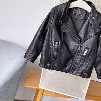 Παιδικό PU δερμάτινο μπουφάν, unisex, Κορεατικό στυλ, με κουκούλα, στάντ γιακά, για ηλικίες 3–8