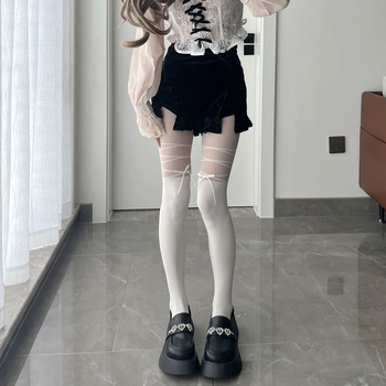 Dámske sexy pančuchy s mašličkou a krížovými popruhmi — 20D nylon, zdvihnutie sedacieho, tvarovanie