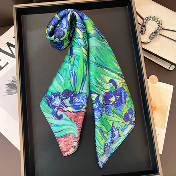 Svileni kvadratni šal s motivom Van Gogha i iris cvijećem; 100% svila; warp tkanje; zaštita od sunca.