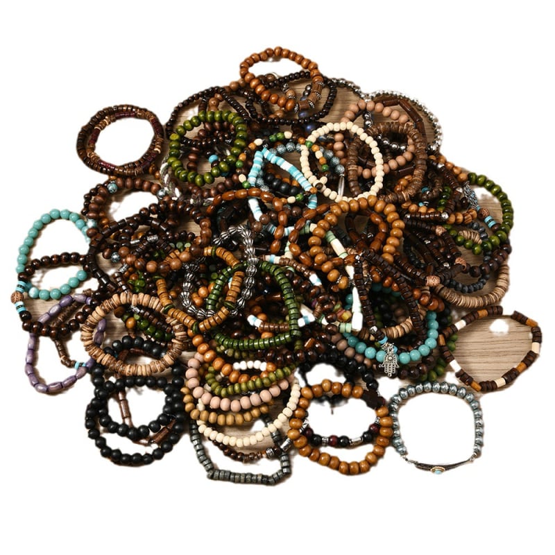 Fa gyöngyökből készült karkötő készlet, 45 darab, rugalmas zsinóron, kézzel készített, uniszex, etnikus stílus, őszi 2024