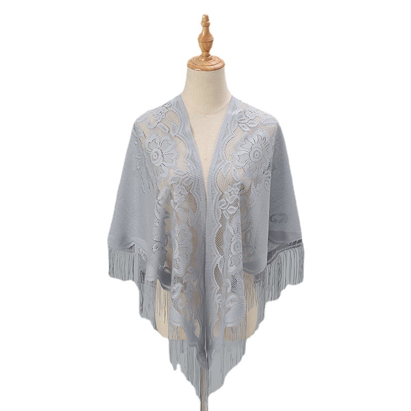 Ženski trokutasti šal s čipkom i izvezenim detaljima, poliester, ravno tkanje, brzo sušenje, elegantan stil