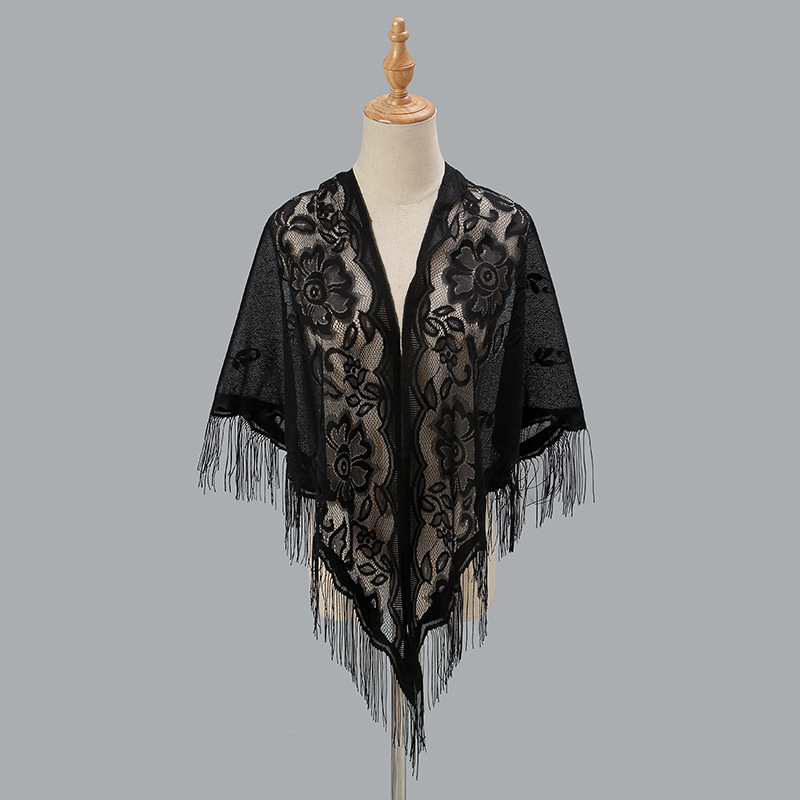 Ženski trokutasti šal s čipkom i izvezenim detaljima, poliester, ravno tkanje, brzo sušenje, elegantan stil
