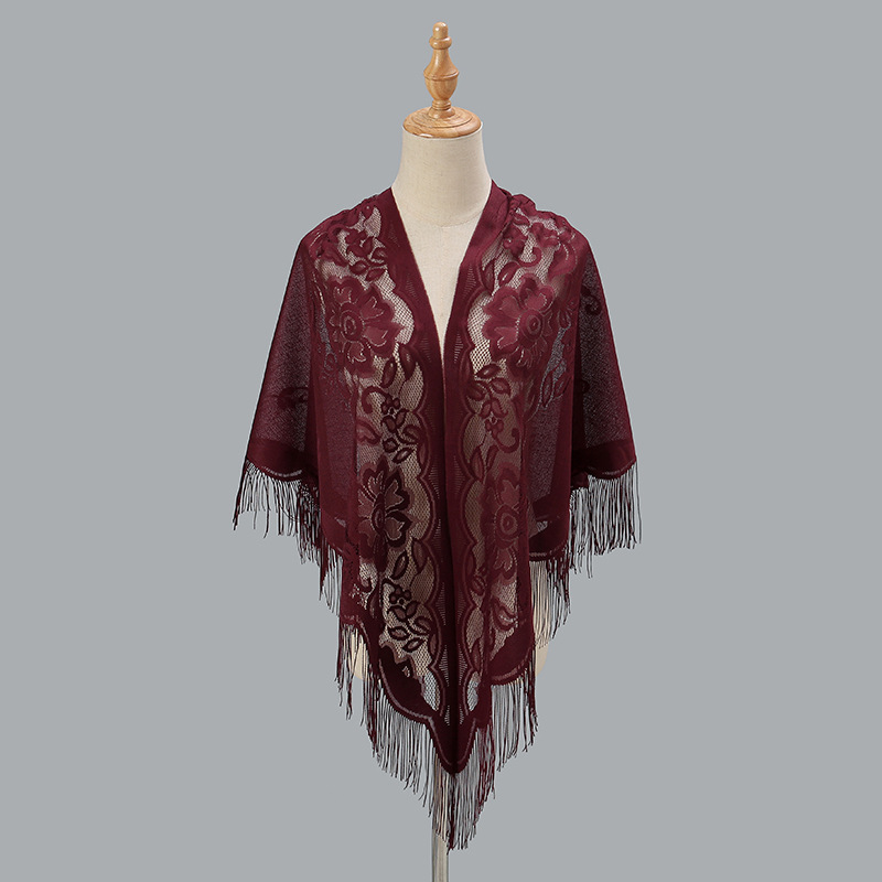 Ženski trokutasti šal s čipkom i izvezenim detaljima, poliester, ravno tkanje, brzo sušenje, elegantan stil