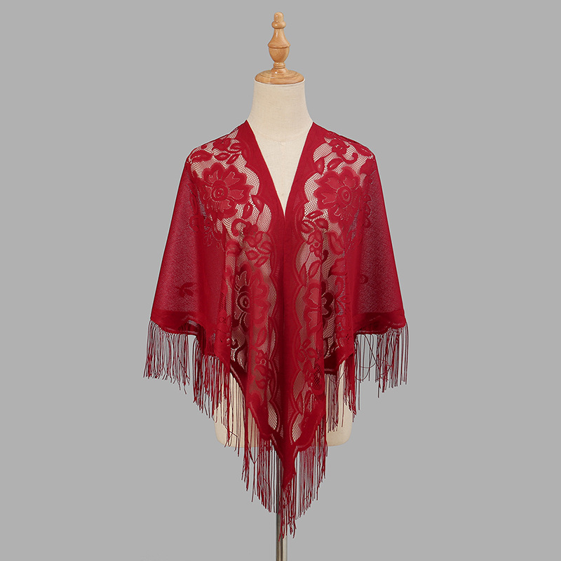 Ženski trokutasti šal s čipkom i izvezenim detaljima, poliester, ravno tkanje, brzo sušenje, elegantan stil