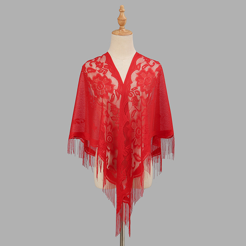 Ženski trokutasti šal s čipkom i izvezenim detaljima, poliester, ravno tkanje, brzo sušenje, elegantan stil