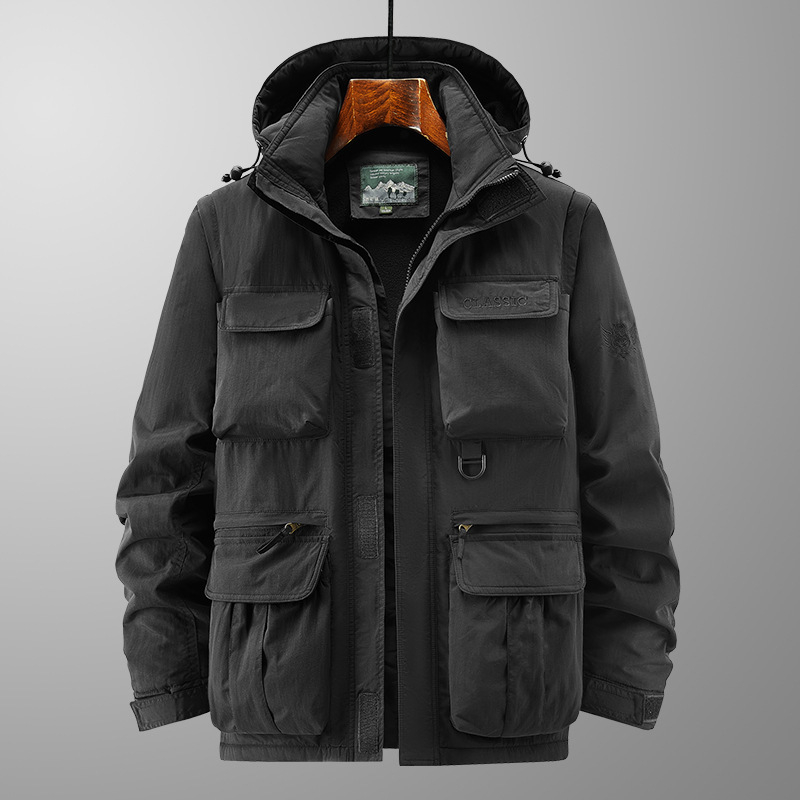 Muška jakna s kapuljom, odvojive rukave, stojeći ovratnik, zip, fleece podstava