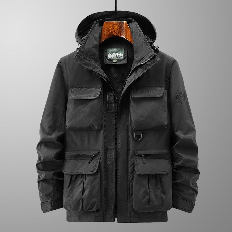 Muška jakna s kapuljom, odvojive rukave, stojeći ovratnik, zip, fleece podstava