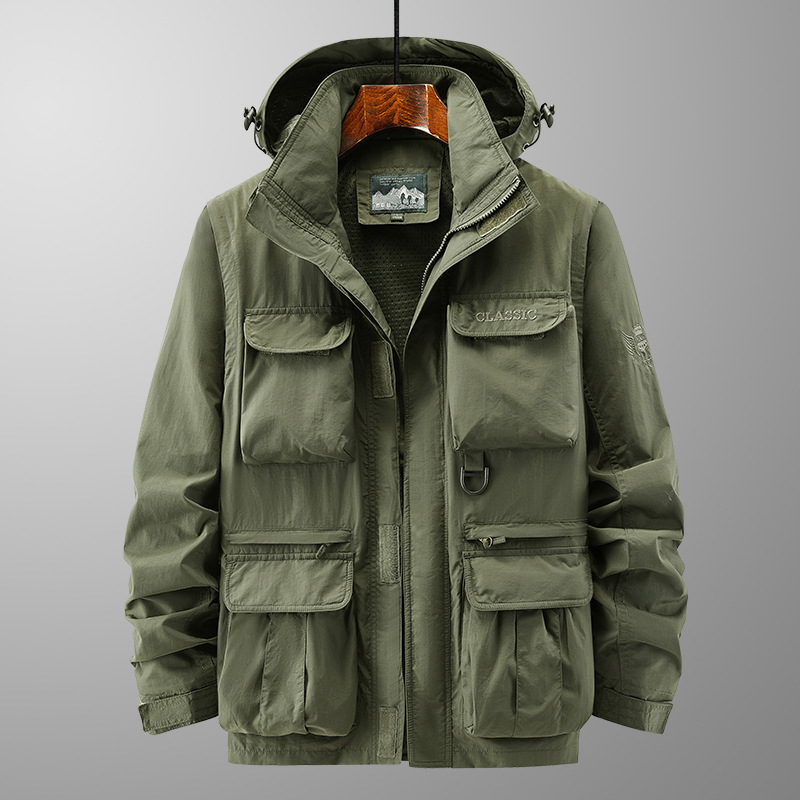 Muška jakna s kapuljom, odvojive rukave, stojeći ovratnik, zip, fleece podstava