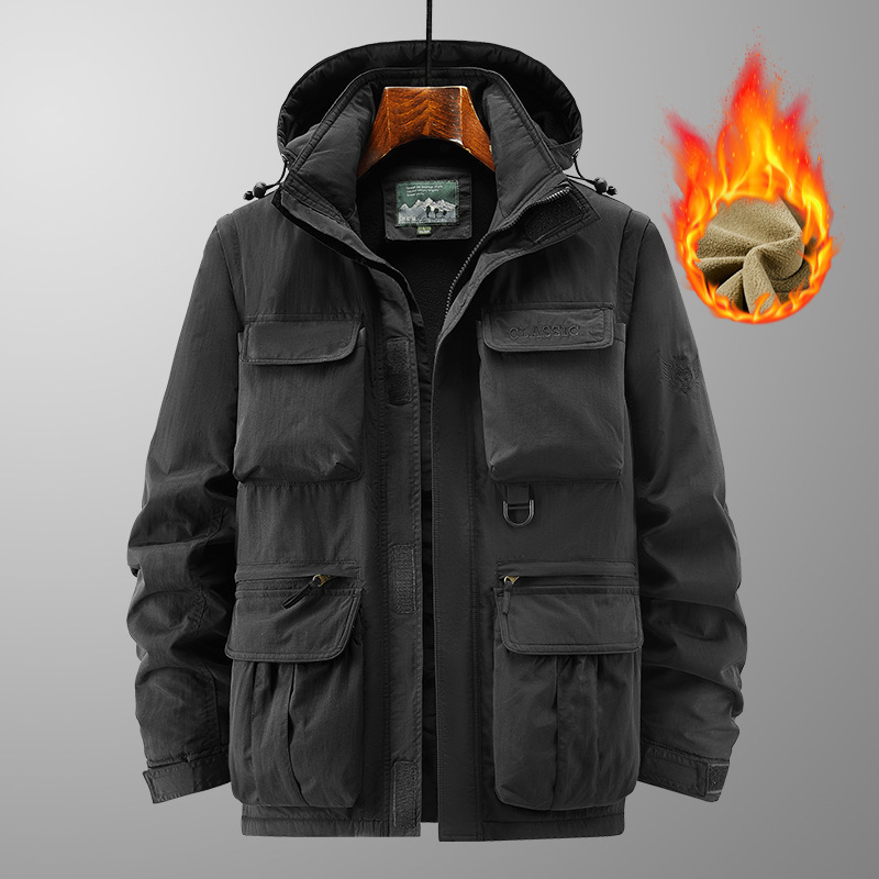 Muška jakna s kapuljom, odvojive rukave, stojeći ovratnik, zip, fleece podstava