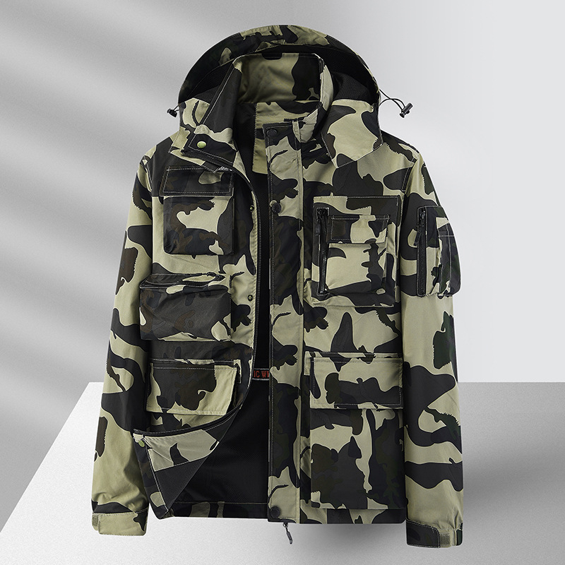 Taktička radna jakna s više džepova, vodootporna, prozračna, otporna na habanje i vjetrovita, kapuljača, prednji zatvarač i stojeći ovratnik