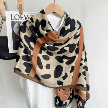 Șal cu model leopard cu funda – din bumbac și in, tricotat warp, cald, protecție solară și împotriva prafului, pentru toate anotimpurile