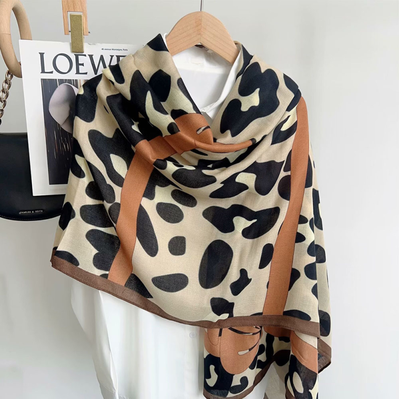 Șal cu model leopard cu funda – din bumbac și in, tricotat warp, cald, protecție solară și împotriva prafului, pentru toate anotimpurile