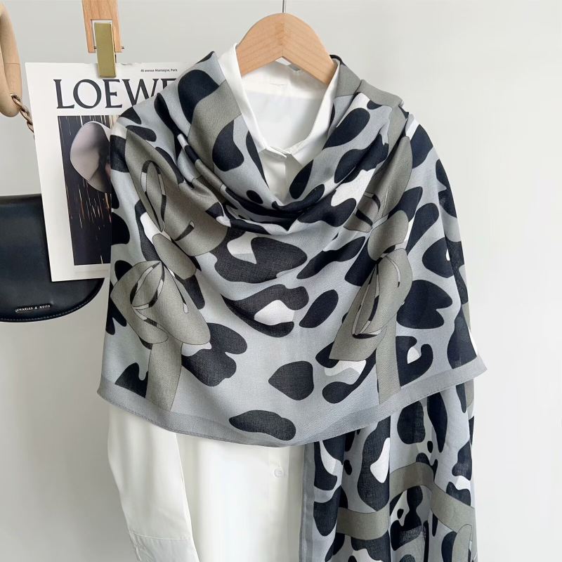 Șal cu model leopard cu funda – din bumbac și in, tricotat warp, cald, protecție solară și împotriva prafului, pentru toate anotimpurile