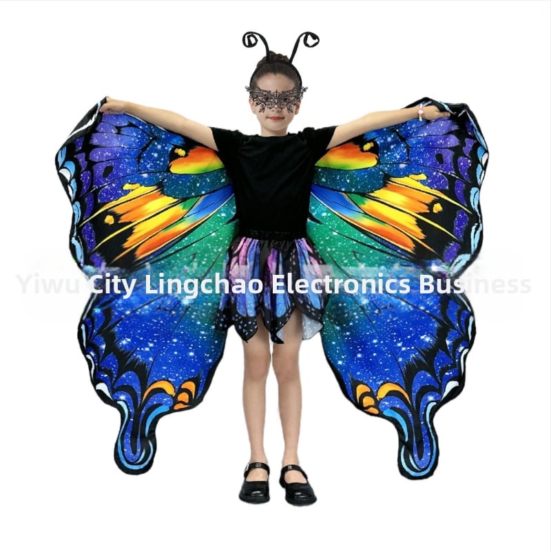 Μανδύας με φτερά πεταλούδας και ψηφιακή εκτύπωση, πολυεστέρας, ύφανση twill, συνδυασμός χρωμάτων, διακοσμητική, μεσαίο μήκος