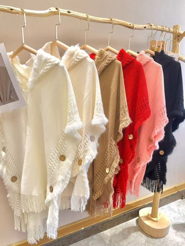 Pletena kapuljača-šal za žene sa resicama, retro-etnički stil, monokromatski uzorak, materijal imitacija kašmira, warp tkanje, održava toplinu