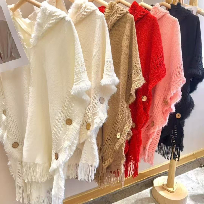 Pletena kapuljača-šal za žene sa resicama, retro-etnički stil, monokromatski uzorak, materijal imitacija kašmira, warp tkanje, održava toplinu