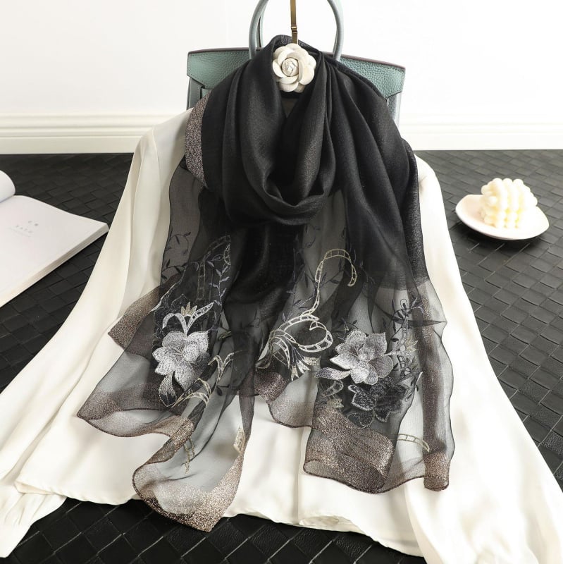 Бродиран копринен шал с мотив пиона, за есен, warp-knit тъкан, оригинален дизайн