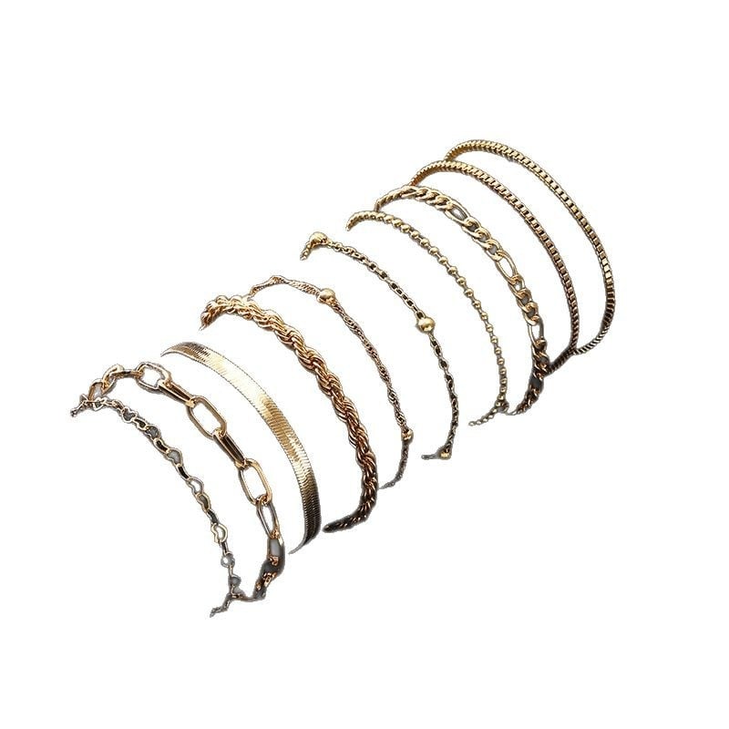 Комплект гривни - цинков сплав, електроплатина, унисекс, луксозен стил, кубанска многослойна верига, 10 броя