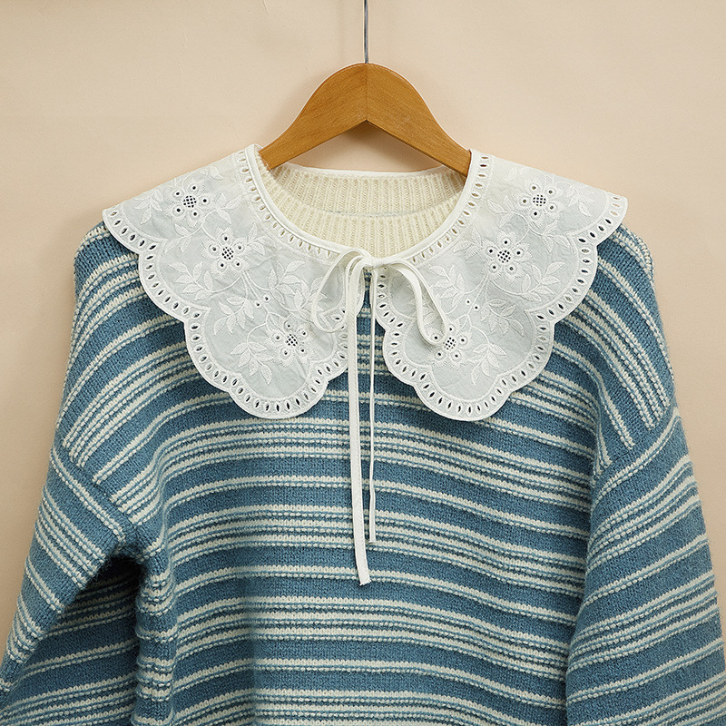 Koreai stílusú sál-faló gallér nőknek – pamut twill, virágos hímzés, zsinóros rögzítés, dekoratív gallér, minden évszakra