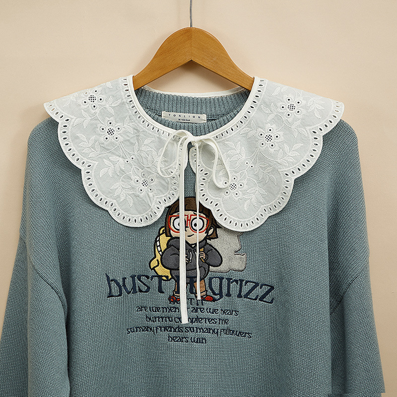 Koreai stílusú sál-faló gallér nőknek – pamut twill, virágos hímzés, zsinóros rögzítés, dekoratív gallér, minden évszakra