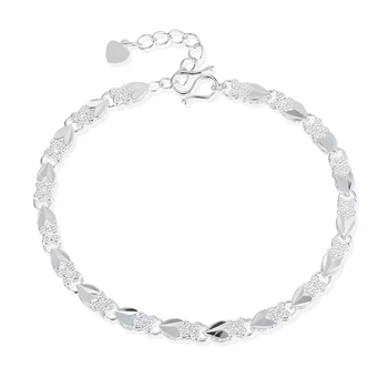 Női ezüst karkötő S990, 99% tisztaságú, motívumok: négylevelű lóhere, szerencsés nyúl, virágok és levelek, csillogó elektroplazált felület