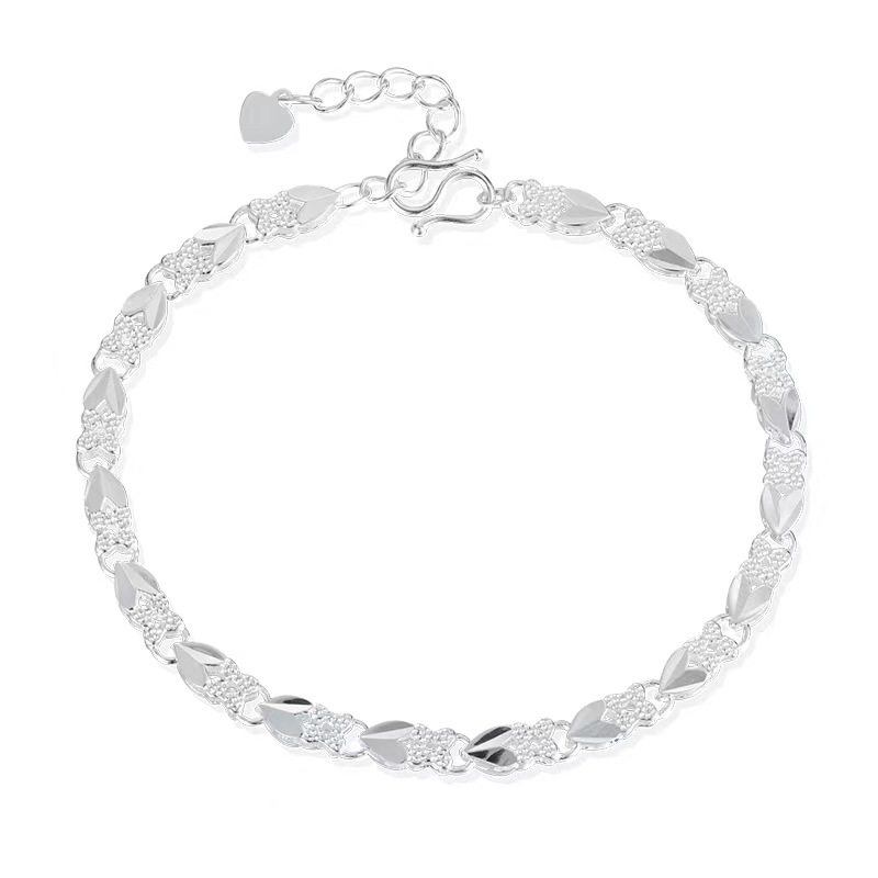 Női ezüst karkötő S990, 99% tisztaságú, motívumok: négylevelű lóhere, szerencsés nyúl, virágok és levelek, csillogó elektroplazált felület