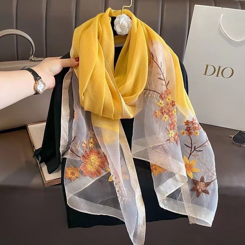 Šal od svile s vezom — svila dudova, jacquard, tie-dye, zimska moda