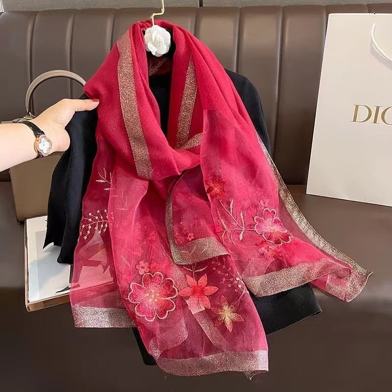 Šal od svile s vezom — svila dudova, jacquard, tie-dye, zimska moda