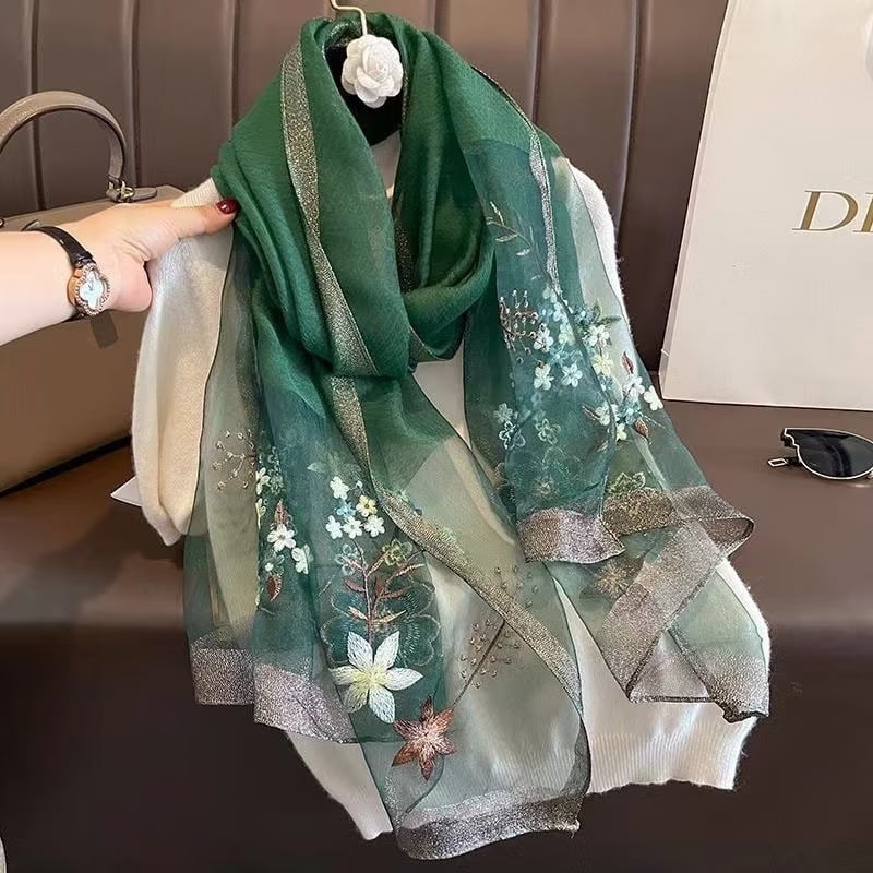 Šal od svile s vezom — svila dudova, jacquard, tie-dye, zimska moda