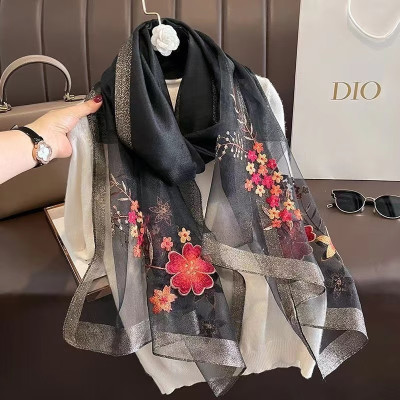 Šal od svile s vezom — svila dudova, jacquard, tie-dye, zimska moda