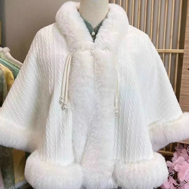Vuneni ogrtač s flisa podstavom i kragnom od umjetne krzna, elegantan ženski stil, univerzalna duljina (Materijal: vuna; Pletenje: Twill; Uzorak: Monokroman; Obrada: Jacquard; Sezona: jesen/zima)